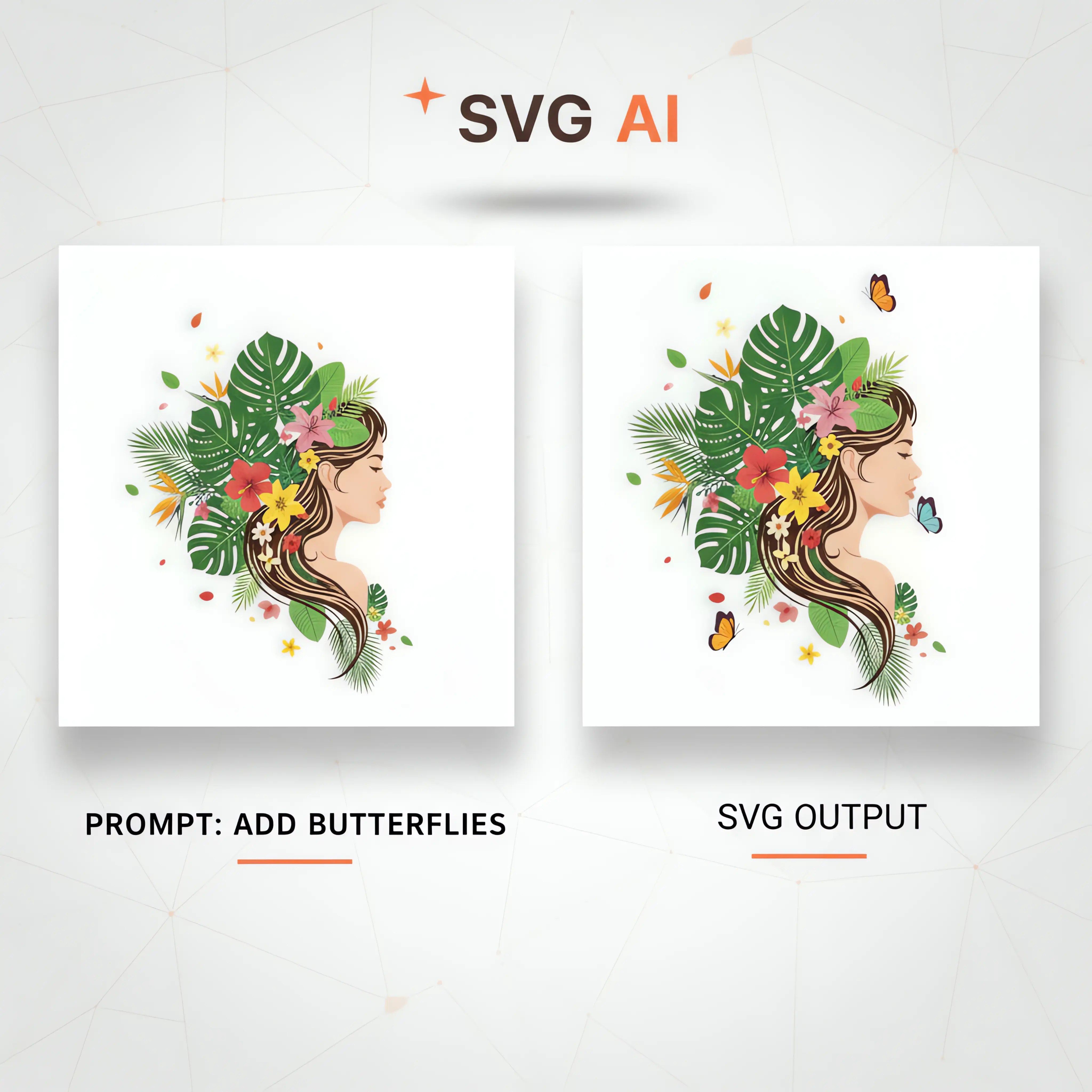 AI SVG Maker & Editor: Refine with Text Prompts AI SVG editor adding butterflies to tropical floral portrait illustration