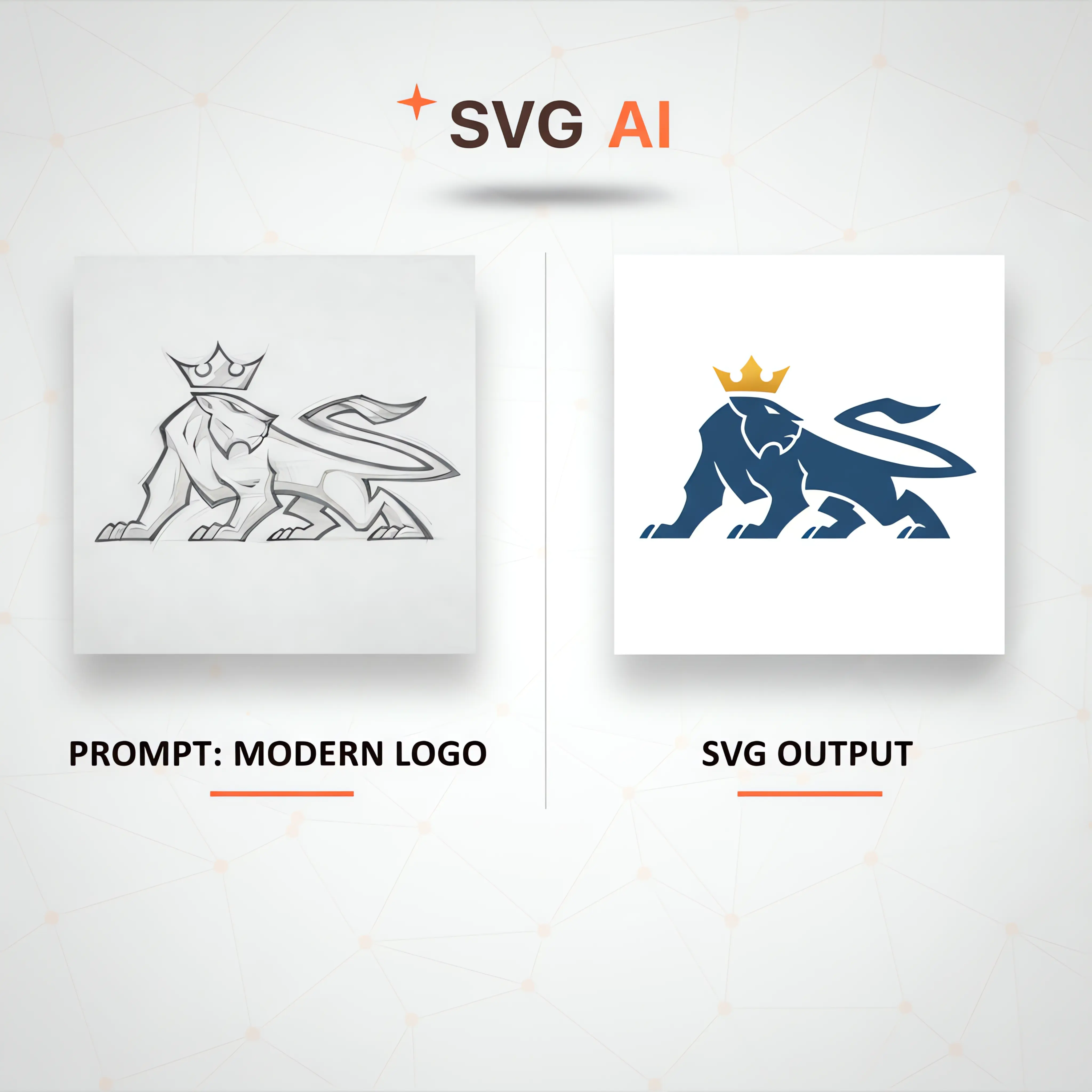 Hybrid SVG Generator AI: Image + Prompt Control AI creating modern crowned lion logo from sketch using text prompt