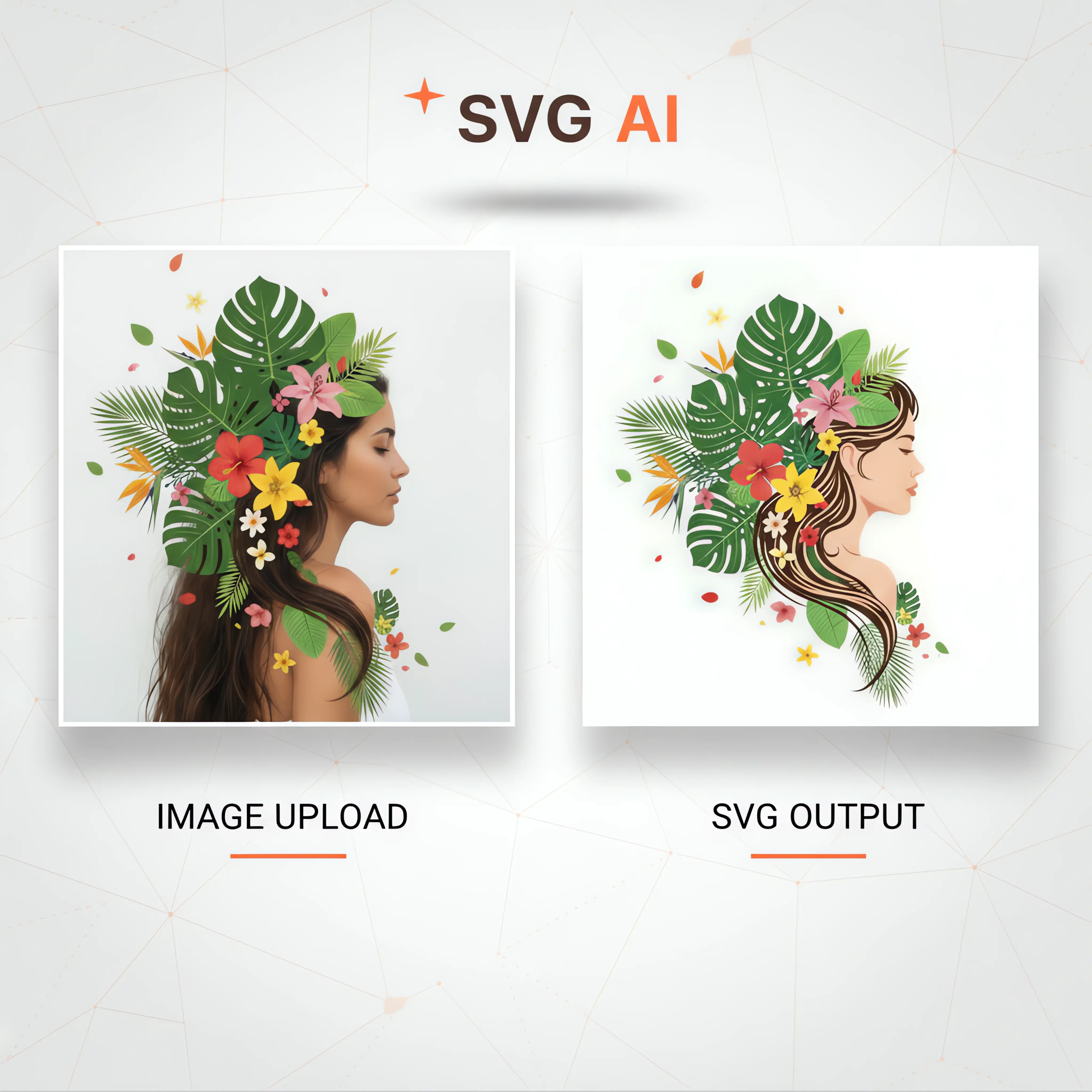 Image to SVG AI Generator: Upload & Vectorize AI converting portrait photo with tropical flowers into vector SVG illustration
